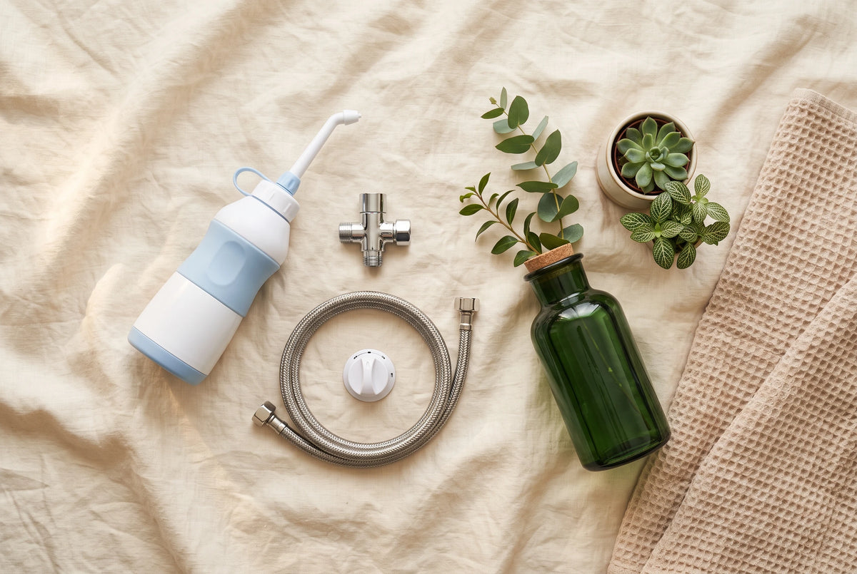 Rituel d'hygiene intime a l'eau dans une salle de bain francaise moderne