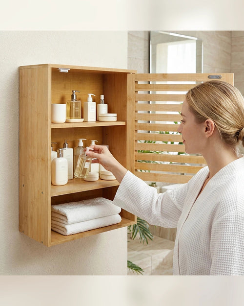 Meuble mural en bambou – 1 porte, étagère réglable et niche ouverte