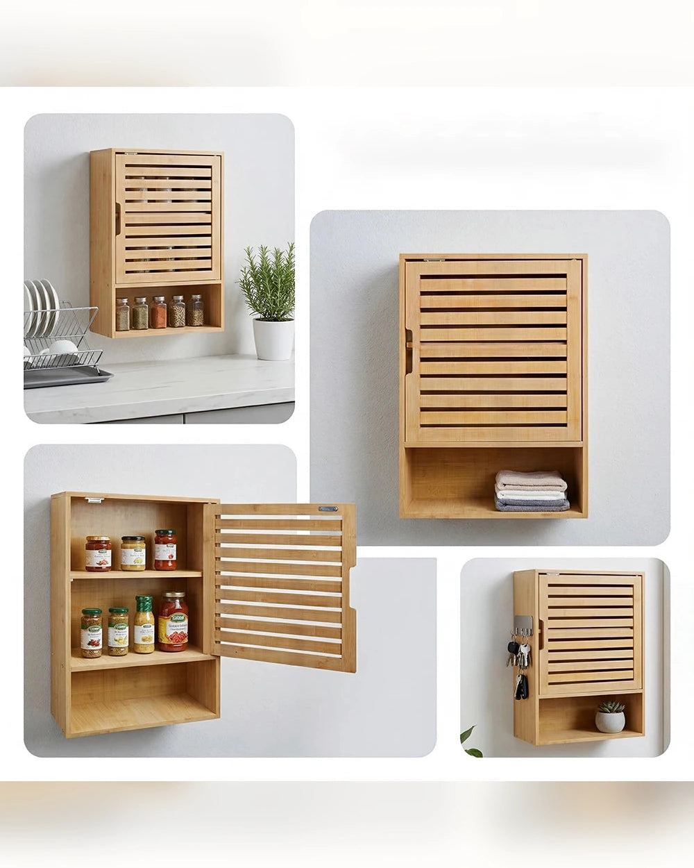 Meuble mural en bambou – 1 porte, étagère réglable et niche ouverte