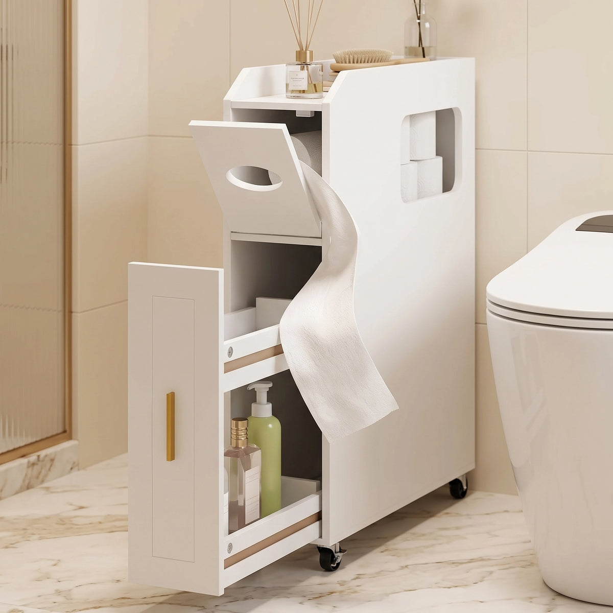 ROVIA - Meuble étroit sur roulettes - Porte-papier intégré